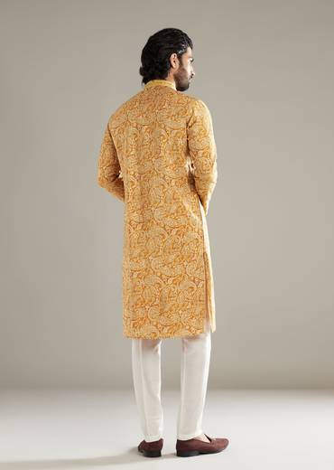Mustard Yellow Silk Kurta Set For Men With Paisley Print