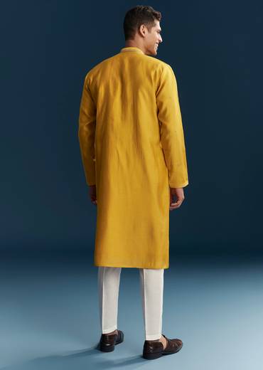 Mustard Yellow Silk Kurta Set With Thread Detail Work