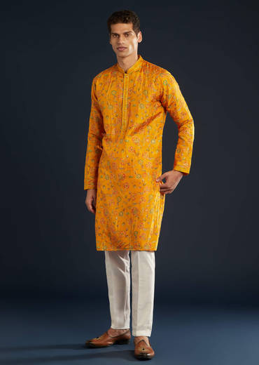Mustard Yellow Silk Mens Kurta Set with Resham Sequins