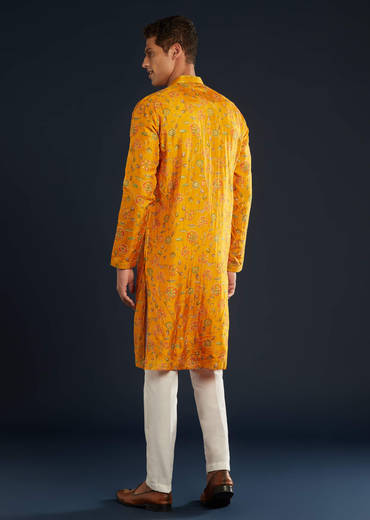 Mustard Yellow Silk Mens Kurta Set with Resham Sequins