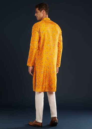 Mustard Yellow Silk Mens Kurta Set with Resham Sequins