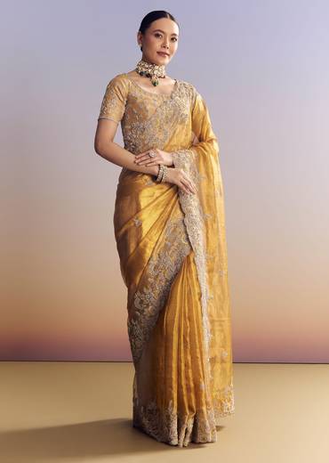 Mustard Yellow Tissue Saree With Golden Zardosi Embroidery