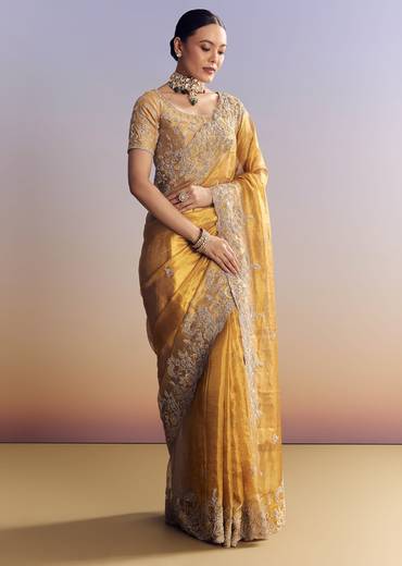Mustard Yellow Tissue Saree With Golden Zardosi Embroidery