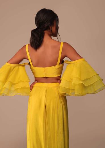 Mustard Yellow Crepe Saree With Ruffle Layered Blouse And Embroidered Belt