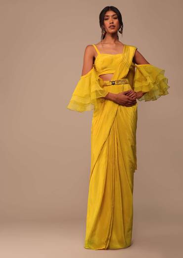 Mustard Yellow Crepe Saree With Ruffle Layered Blouse And Embroidered Belt