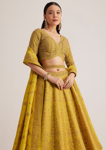 Mustard Yellow Embroidered Lehenga Set With Matching Dupatta