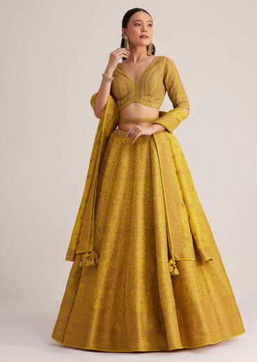 Mustard Yellow Embroidered Lehenga Set With Matching Dupatta