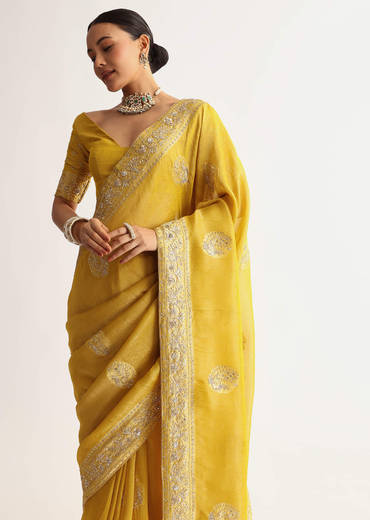 Musturd Yellow Silk Saree With Pallu And Border Embroidery