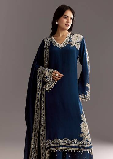Navy Blue Crepe Moti Work Kurta With Printed Palazzo Dupatta