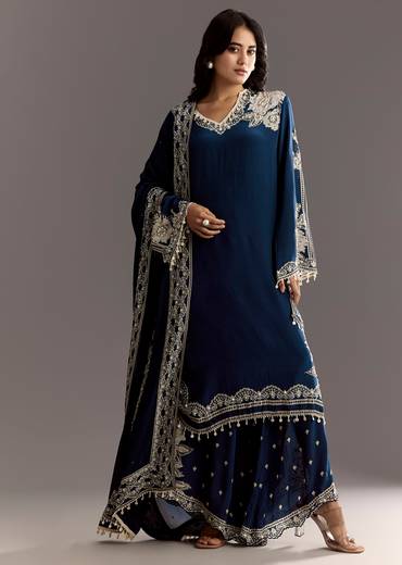 Navy Blue Crepe Moti Work Kurta With Printed Palazzo Dupatta