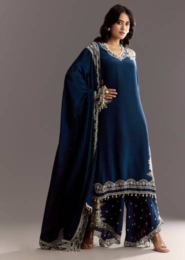 Navy Blue Crepe Moti Work Kurta With Printed Palazzo Dupatta