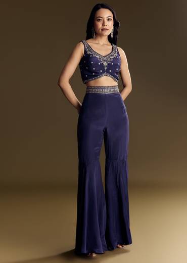 Navy Blue Crop Top Set With Silver Zardozi Cape