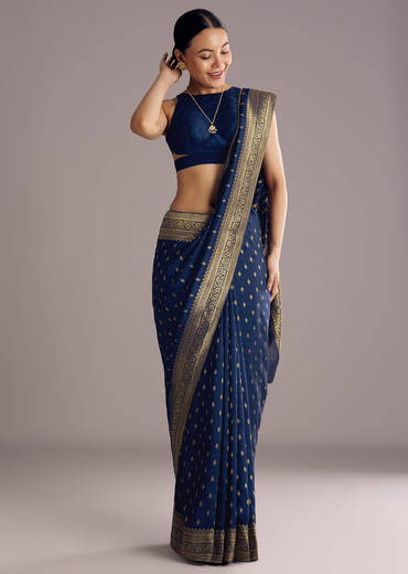 Navy Blue Dola Silk Saree With Butti Work And Zari Woven Border