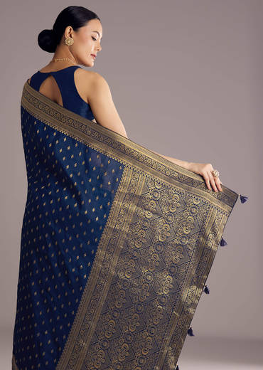 Navy Blue Dola Silk Saree With Butti Work And Zari Woven Border