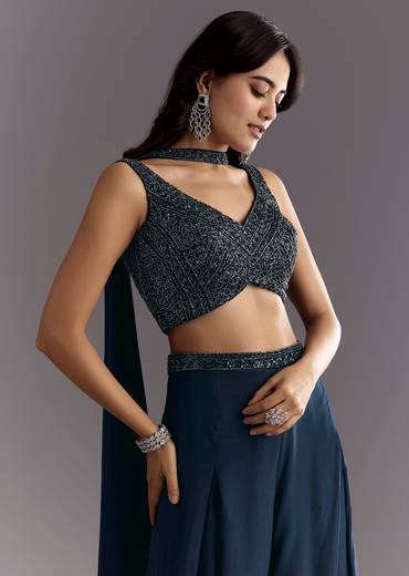 Navy Blue Embroidered Croptop Palazzo With Choker Dupatta