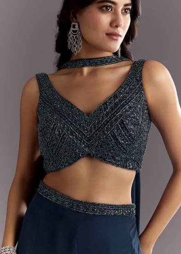 Navy Blue Embroidered Croptop Palazzo With Choker Dupatta