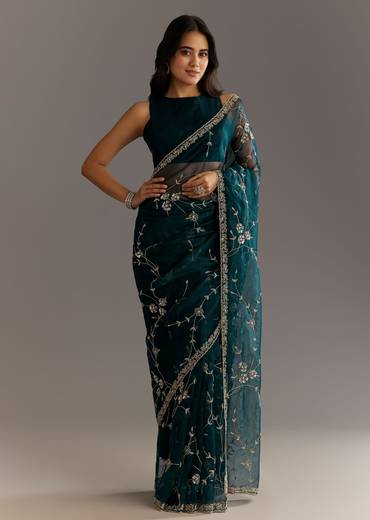 Navy Blue Floral Jaal Embroidered Tissue Saree With Cutdana And Sequins