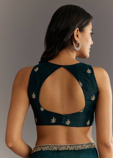 Navy Blue Floral Jaal Embroidered Tissue Saree With Cutdana And Sequins