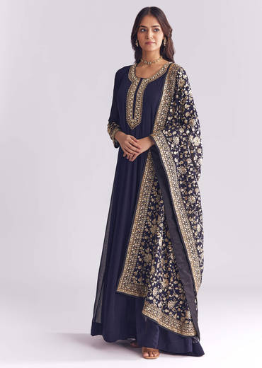 Navy Blue Georgette Anarkali Suit With Thread And Sequins Embroidery