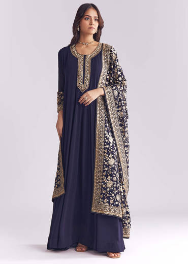 Navy Blue Georgette Anarkali Suit With Thread And Sequins Embroidery