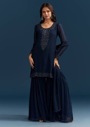 Navy Blue Georgette Sharara Suit With Embroidered Kurta And Dupatta