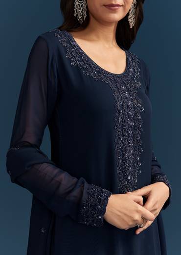 Navy Blue Georgette Sharara Suit With Embroidered Kurta And Dupatta
