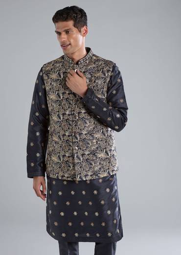 Navy Blue Kurta Jacket Set With Thread And Sequin Embroidery