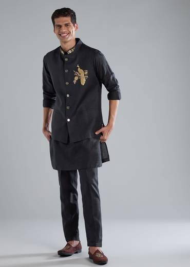 Navy Blue Kurta Jacket Set With Zardosi Hand Work