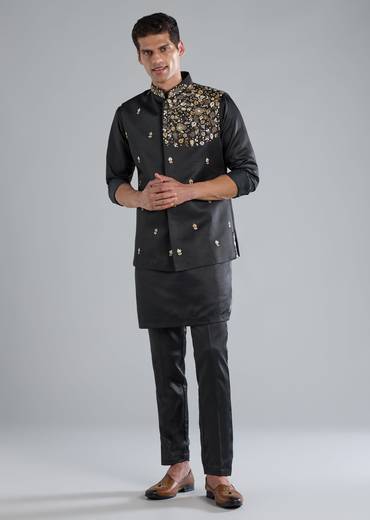 Navy Blue Kurta Jacket Set With Zardosi Resham And Cut Dana Detailing