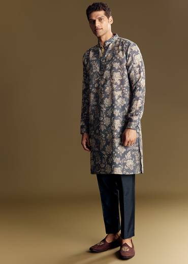 Navy Blue Linen Kurta Set Embellished With Intricate Kantha Stitching