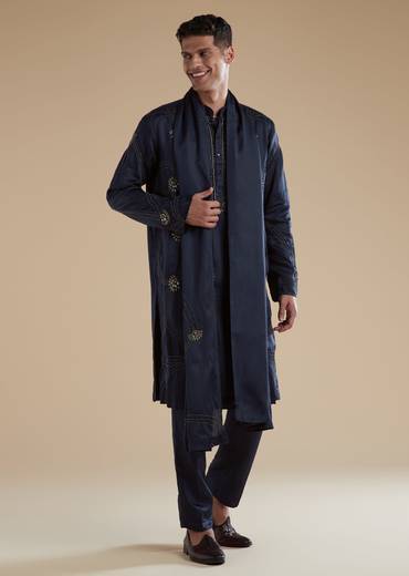 Navy Blue Linen Satin Mens Kurta Set with Metal Beads Detail Work