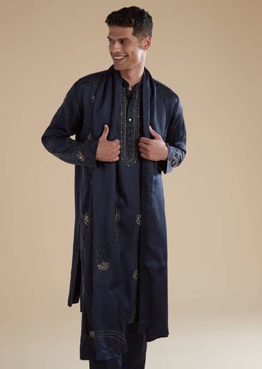 Navy Blue Linen Satin Mens Kurta Set with Metal Beads Detail Work