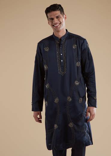 Navy Blue Linen Satin Mens Kurta Set with Metal Beads Detail Work
