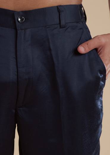 Navy Blue Linen Satin Mens Kurta Set with Metal Beads Detail Work