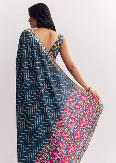 Navy Blue Muslin Ajrakh Printed Saree With Gota And Mirror Work