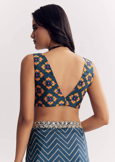 Navy Blue Muslin Ajrakh Printed Saree With Gota And Mirror Work