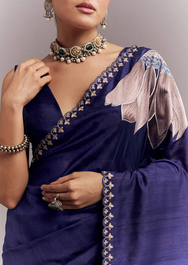Navy Blue Organza Silk Saree With Floral Embroidery And Cutwork
