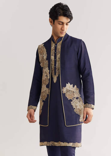 Navy Blue Rawsilk Jacket Kurta Set With Floral Beaded And Threadwork