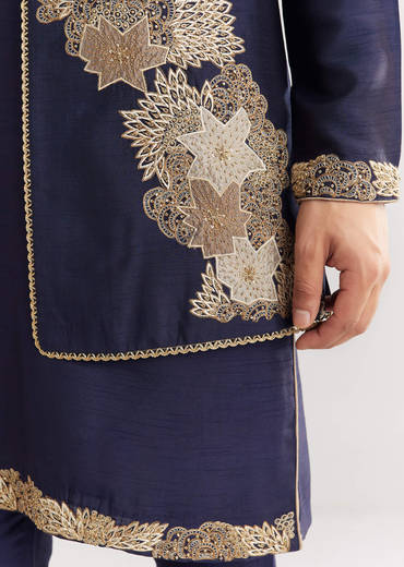 Navy Blue Rawsilk Jacket Kurta Set With Floral Beaded And Threadwork