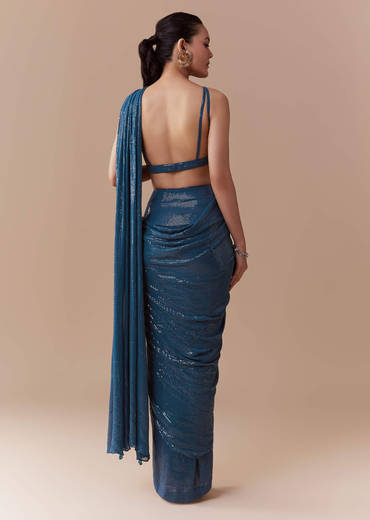 Navy Blue Ready Pleated Georgette Saree with Sequins Blouse