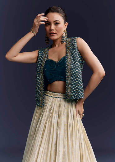 Navy Blue Satin Festive Lehenga With Hand Dyed Chevron Print Jacket