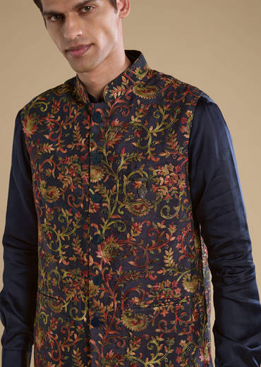 Navy Blue Silk Jacket Kurta Set with Resham Work