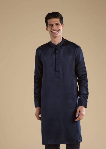 Navy Blue Silk Jacket Kurta Set with Resham Work