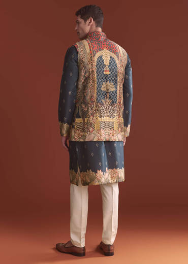 Navy Blue Silk Kurta Jacket Set For Men With Ethnic Print
