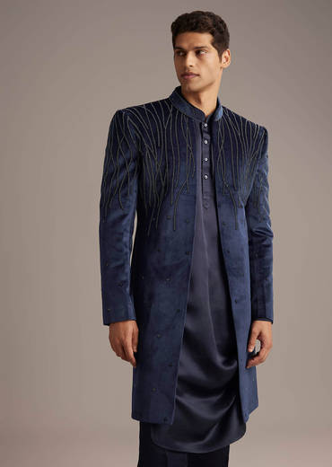 Navy Blue Velvet Indo Western Set For Men With Beads Work