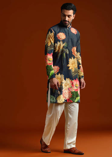 Navy Blue Velvet Kurta Set For Men With Print