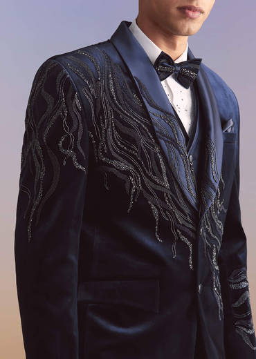 Navy Blue Velvet Tuxedo For Men With Intricate Hand Work