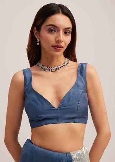 Navy Blue Dual Shaded Sequins Saree With Scalloped Border