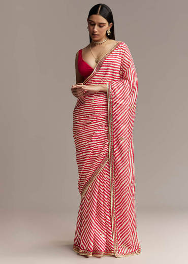 Off White And Red Striped Chinnon Saree With Gota Work