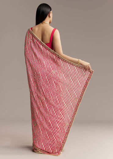 Off White And Red Striped Chinnon Saree With Gota Work
